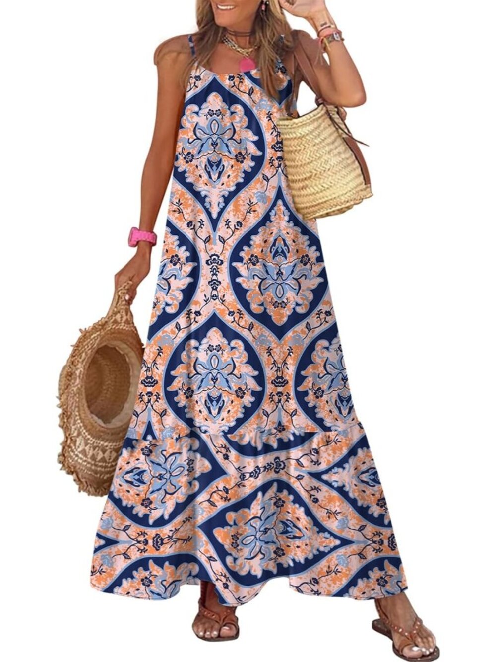〽️Women's Blue Floral Maxi Dress Scoop Neck Ruffle Hem Boho Summer Sundress